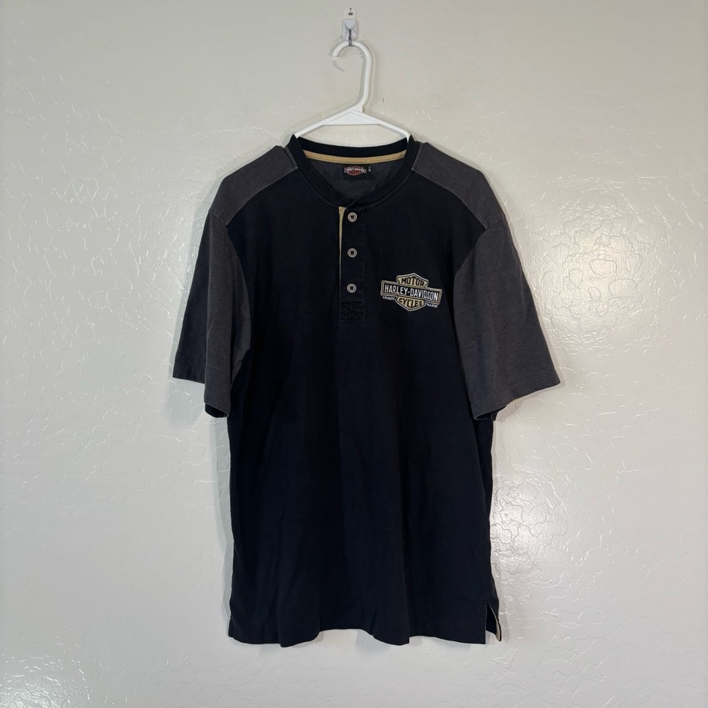 Vintage 90s Harley Davidson Three Button Tshirt Size Large Black Gray